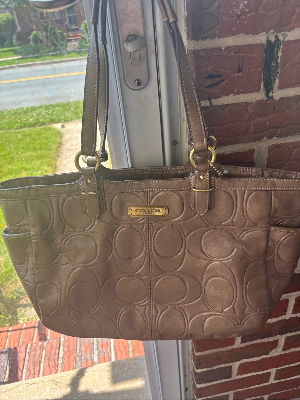 Coach Embossed Signature Tote in Taupe Brown